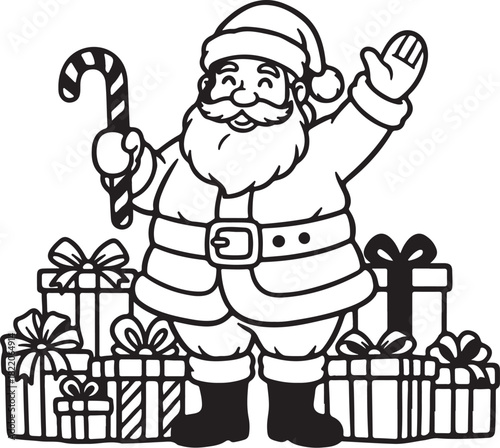 Foto Black and White Outline Drawing of Santa Claus Holding a Candy Cane and Surround