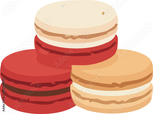 A flat vector illustration of colorful macarons in red, beige, and cream tones stacked together, representing elegant French desserts perfect for festive or bakery-themed designs.