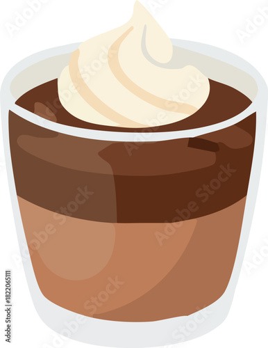 A flat vector illustration of a chocolate mousse dessert in a glass cup topped with whipped cream, representing a cozy and delicious festive treat.