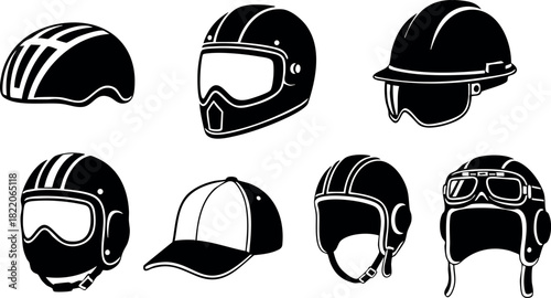 Motorcycle helmet helmet with visor baseball cap construction helmet pilot helmet vector illustration