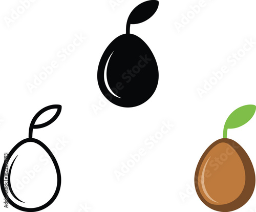 Avocado seed growth fruit icon vector illustration with leaf element black and white design