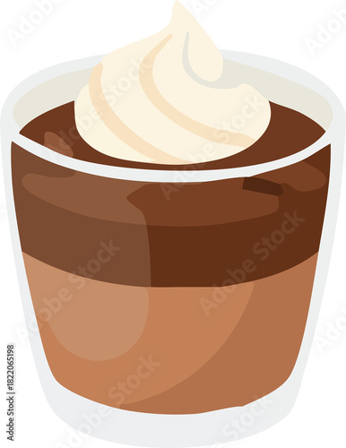 A flat vector illustration of a chocolate mousse dessert in a glass cup topped with whipped cream, representing a cozy and delicious festive treat.