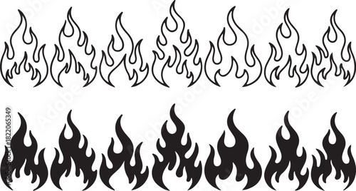 Two Rows of Stylized Flame Borders in Black and White Outline and Solid Fill fire design element on transparent background