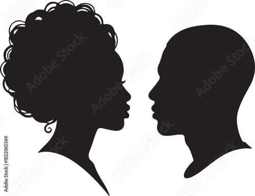 Black Silhouette Profile of African American Man and Woman Facing Each Other Keywords: silhouette, profile, man, woman, couple, african american, black, head, face, facing, on transparent background
