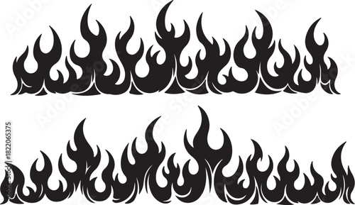 Black Silhouette Flames Border Design With Two Rows Of Fire Graphics Keywords: fire, flames, border, graphic, design, silhouette, black, heat, hot, burning, abstract, on transparent background