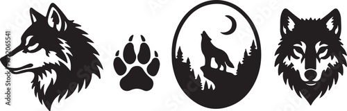 Wolf Head Profile, Paw Print, Howling Wolf Silhouette, and Wolf Face animal wildlife on transparent background