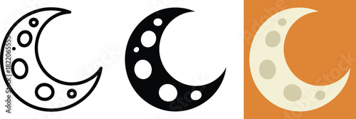 Moon icon set with craters, simple vector illustration of crescent symbol in outline, solid, and color