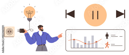 Person holding plug near light bulb and pointing at a graph with charts, media buttons, and user statistics. Ideal for innovation, energy management, analytics, technology, multimedia, creativity
