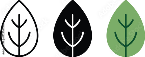Single leaf icon with outlined veins in various styles and colors