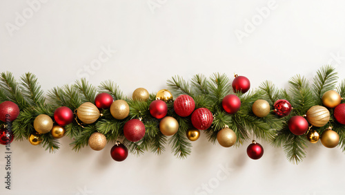 Weihnachtsgirlande mit roten und goldenen Christbaumkugeln isoliert auf weißem Hintergrund
