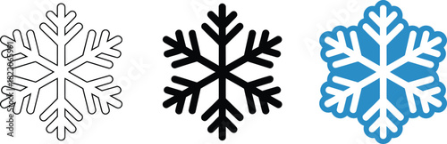 Solid black snowflake icon vector symbol for cold winter weather frost and ice crystal design