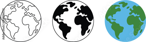 Three different styles of earth globe icons including outline, solid, and colored versions