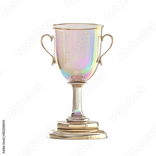 Victory Trophies, 3D Render of Golden and Iridescent Glass Award Cups.