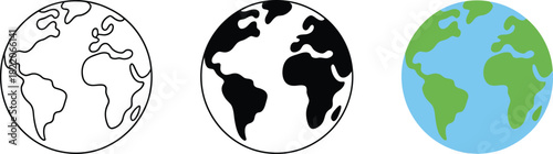 Three different styles of earth globe icons including outline, solid, and colored versions