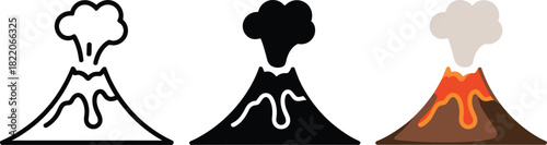 Three volcano icons showing lava flowing down in outline, glyph, and flat styles