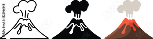 Three volcano icons showing lava spreading from the crater in outline, glyph, and flat styles