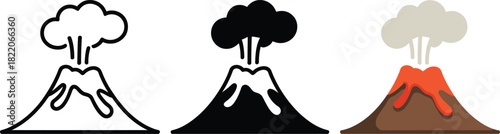 Three volcano icons with erupting smoke and lava in outline, glyph, and flat styles