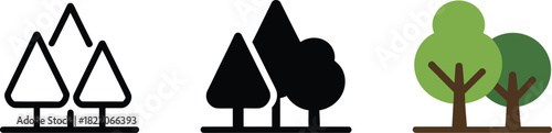 Two cone shaped evergreen trees and one round tree vector line solid and flat icons