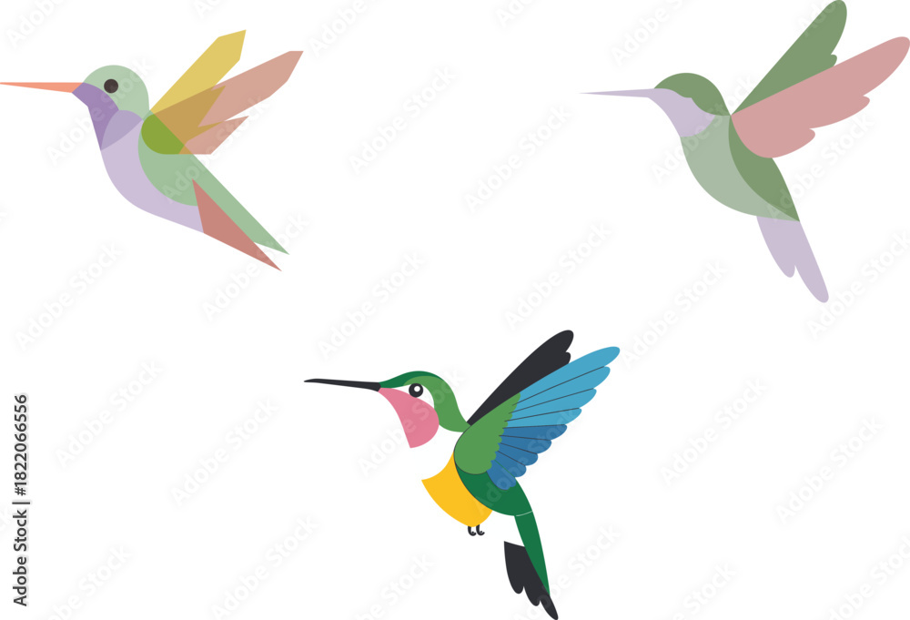 Obraz premium Three stylized hummingbirds in flight pastel colors