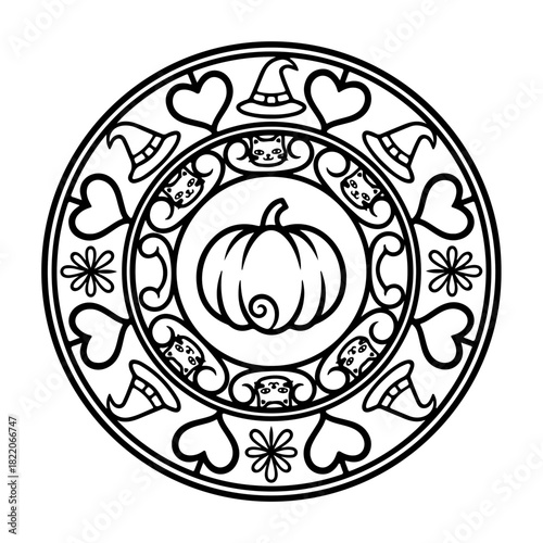 A simple Halloween mandala with a bold outline, a pumpkin in the center, cats, hats and hearts.