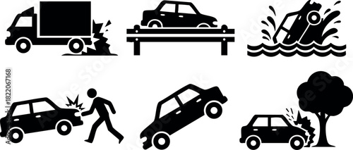 Car accident vector icons with various crash scenarios and pedestrian impact illustration