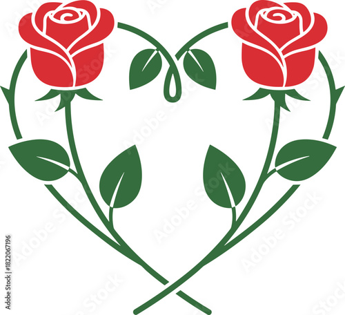Two red roses forming a heart shape with green stems and leaves on white background