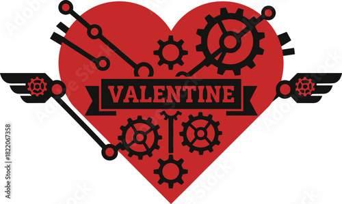 Stylized red heart with mechanical gears and Valentine text in steampunk design