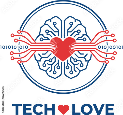 Stylized brain with circuits and heart symbol representing tech love in red and blue colors