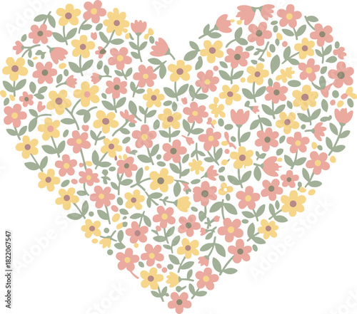 Colorful floral heart composed of small flowers on soft white background