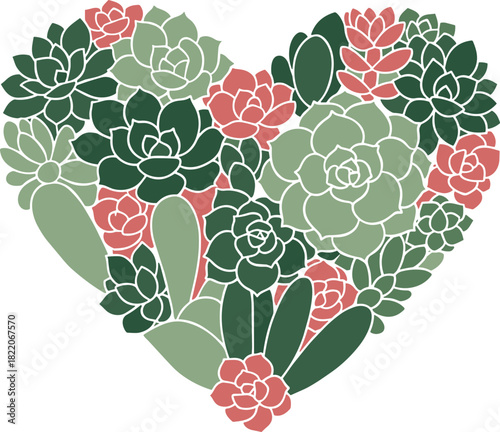Succulent heart filled with various green and pink plants on light background
