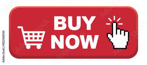 Red Buy Now Button with Shopping Cart and Click Hand