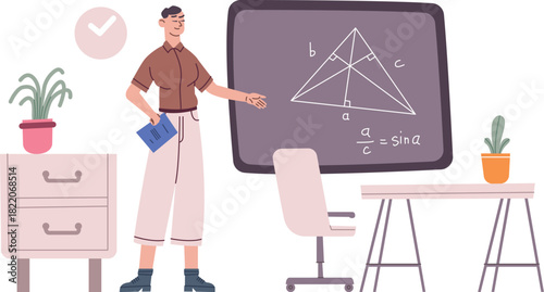 Math teacher in classroom. Young man study geometry