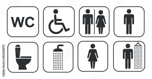 Set of Public Restroom and Bathroom Sign Icons on Transparent Background