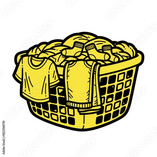 Yellow laundry basket filled with clothes isolated on white background