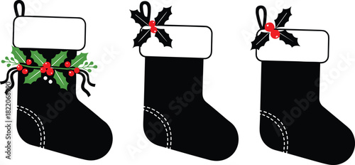 Magical Black Reindeer or Stag Silhouette, Whose Intricate Antlers Form a Leafless Winter Tree Adorned with Bright Red Berries, Symbolizing Christmas, Forest Magic, and Stylized Holiday Nature Design.