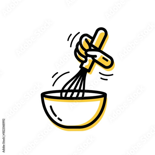 Hand holding a whisk mixing in a bowl isolated on white background