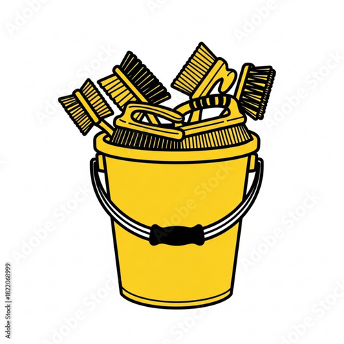 Yellow bucket filled with cleaning brushes isolated on white background