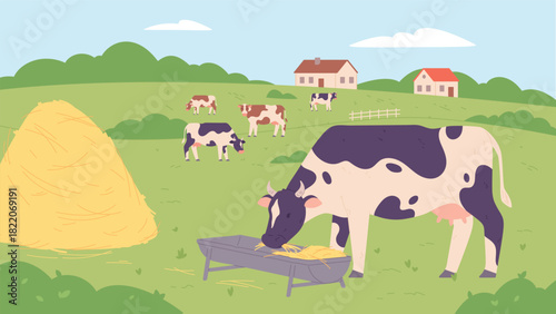 Farm field scene with cows. Summer rural nature