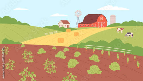 Countryside landscape. Growing farm crops in rural background