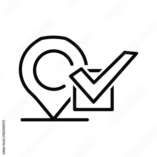 Line art icon of a map pin with a checkmark, indicating successful location verification, confirmed place, or accurate positioning