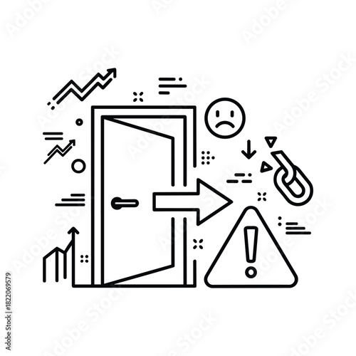 Business challenges and opportunities with open door, warning, broken chain, and trend graphs for strategic choice