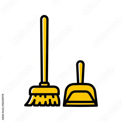 Yellow broom and dustpan cleaning tools isolated on white background