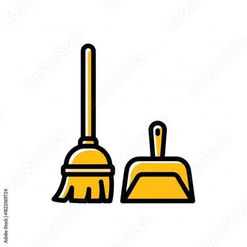 Yellow broom and dustpan cleaning tools isolated on white background