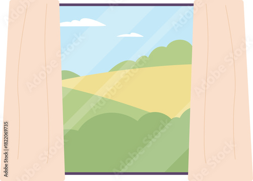 Summer day in window frame. Nature green exterior