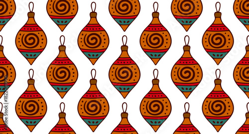 Seamless pattern of hand drawn decorative ornaments in warm tones, featuring playful swirls and festive details on a clean white background.