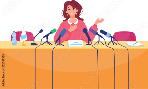 Woman speak on press conference. Cartoon public event