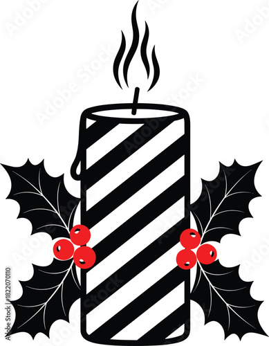 Modern Christmas Candle Icon with Diagonal Black and White Stripes, Dripping Wax, Burning Flame, and Traditional Red Berries on Holly Leaves, Ideal for High-Contrast Festive Vector Graphic Designs.