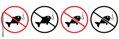 No Fishing Prohibition Sign – Fish and Hook Ban Symbol Silhouette Vector Icon