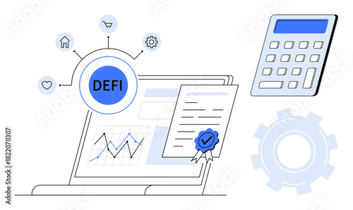 Laptop displaying financial chart and certified contract with decentralized finance hub and calculator. Ideal for blockchain, fintech, investment, smart contract, innovation, technology, simple flat