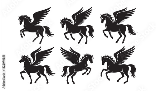 Black Pegasus Icons in Various Flying and Rearing Positions for Creative Projects